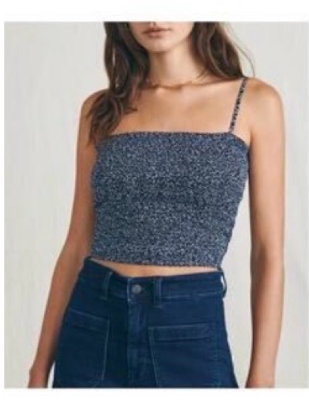 Faherty Navy Smocked Square-Neck Crop Cami